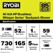 RYOBI RY404170 40V HP Brushless Whisper Series 165 MPH 730 CFM Cordless Battery Backpack Blower with (2) 6.0 Ah Batteries and Charger