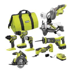 RYOBI PCL1600K2-P553 ONE+ 18V Cordless 6-Tool Combo Kit with 1.5 Ah and 4.0 Ah Batteries, Charger, and Miter Saw