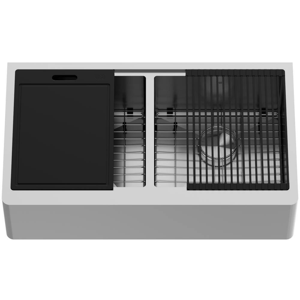 VIGO 1004812066 Oxford 36" Double Bowl Workstation Undermount Stainless Steel Farmhouse Sink with Ledge and Accessories VIGO 1004812066 Oxford 36" Double Bowl Workstation Undermount Stainless Steel Farmhouse Sink with Ledge and Accessories