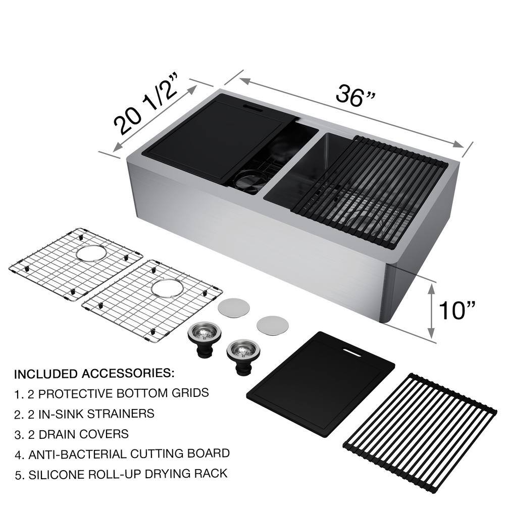 VIGO 1004812066 Oxford 36" Double Bowl Workstation Undermount Stainless Steel Farmhouse Sink with Ledge and Accessories VIGO 1004812066 Oxford 36" Double Bowl Workstation Undermount Stainless Steel Farmhouse Sink with Ledge and Accessories - Image 4