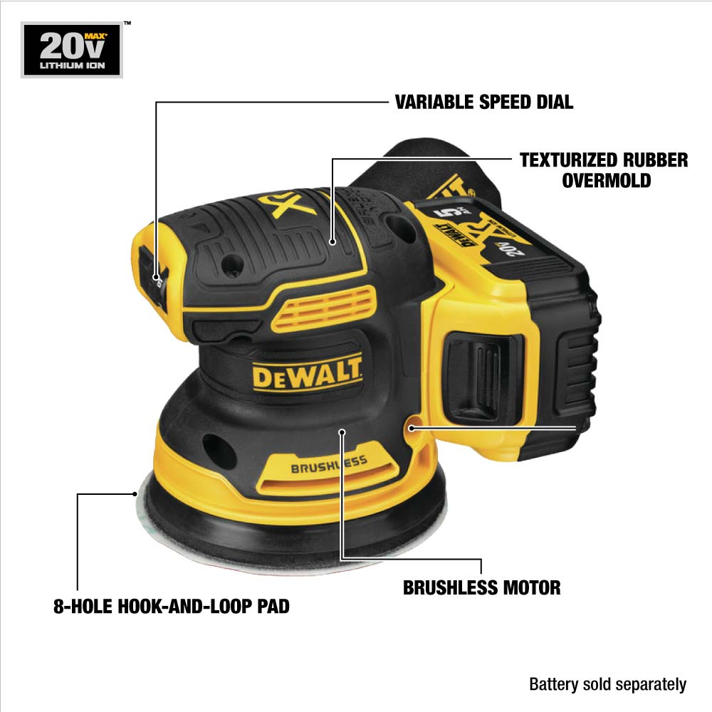 DEWALT 20-Volt-Amp Brushless Cordless Variable Speed Random Orbital Sander with Dust Management (Battery Included) DEWALT 20-Volt-Amp Brushless Cordless Variable Speed Random Orbital Sander with Dust Management (Battery Included) - Image 2