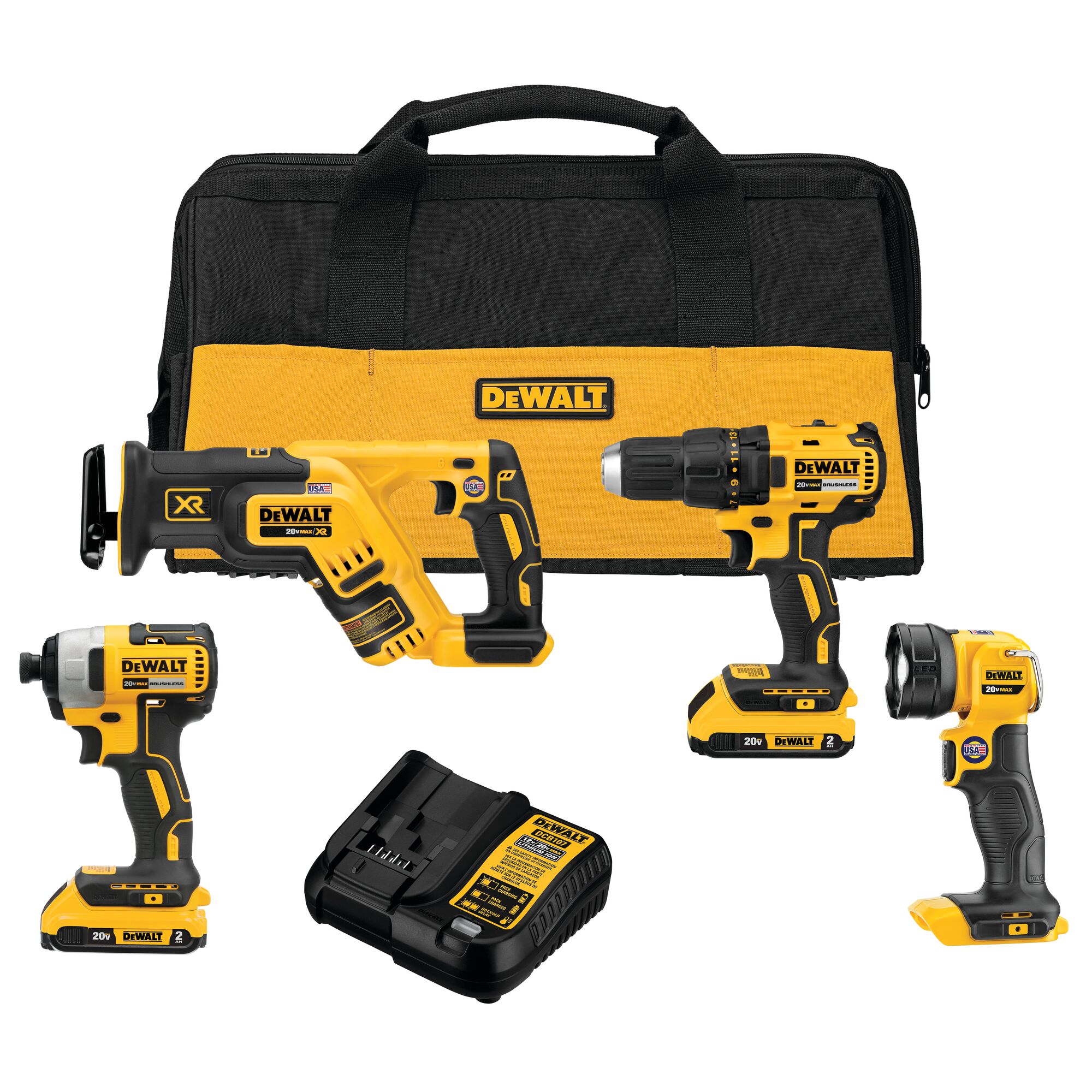 DEWALT 4-Tool 20-Volt Max Brushless Power Tool Combo Kit with Soft Case (2-Batteries and charger Included) DEWALT 4-Tool 20-Volt Max Brushless Power Tool Combo Kit with Soft Case (2-Batteries and charger Included)