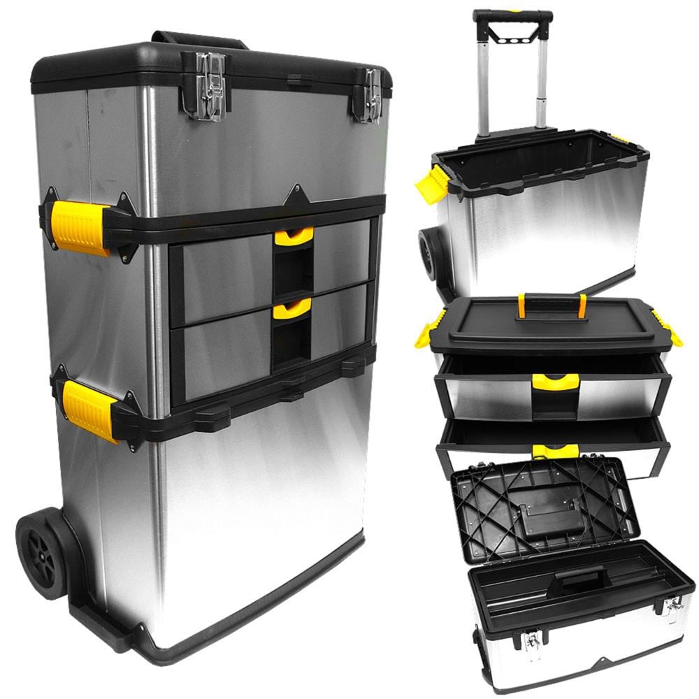 Fleming Supply 3-Part Metal Tool Box on Wheels, Silver 22.25-in 2-Drawer Silver Steel Wheels Tool Box Fleming Supply 3-Part Metal Tool Box on Wheels, Silver 22.25-in 2-Drawer Silver Steel Wheels Tool Box