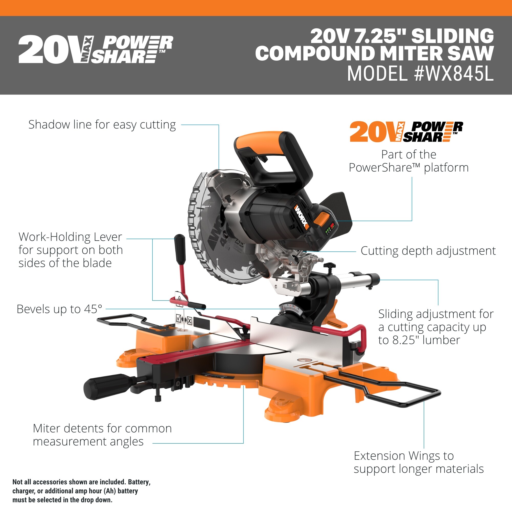 WORX POWER SHARE 7-1/4-in 0.1-Amp Single Bevel Sliding Compound Cordless Miter Saw (Cordless) WORX POWER SHARE 7-1/4-in 0.1-Amp Single Bevel Sliding Compound Cordless Miter Saw (Cordless) - Image 3