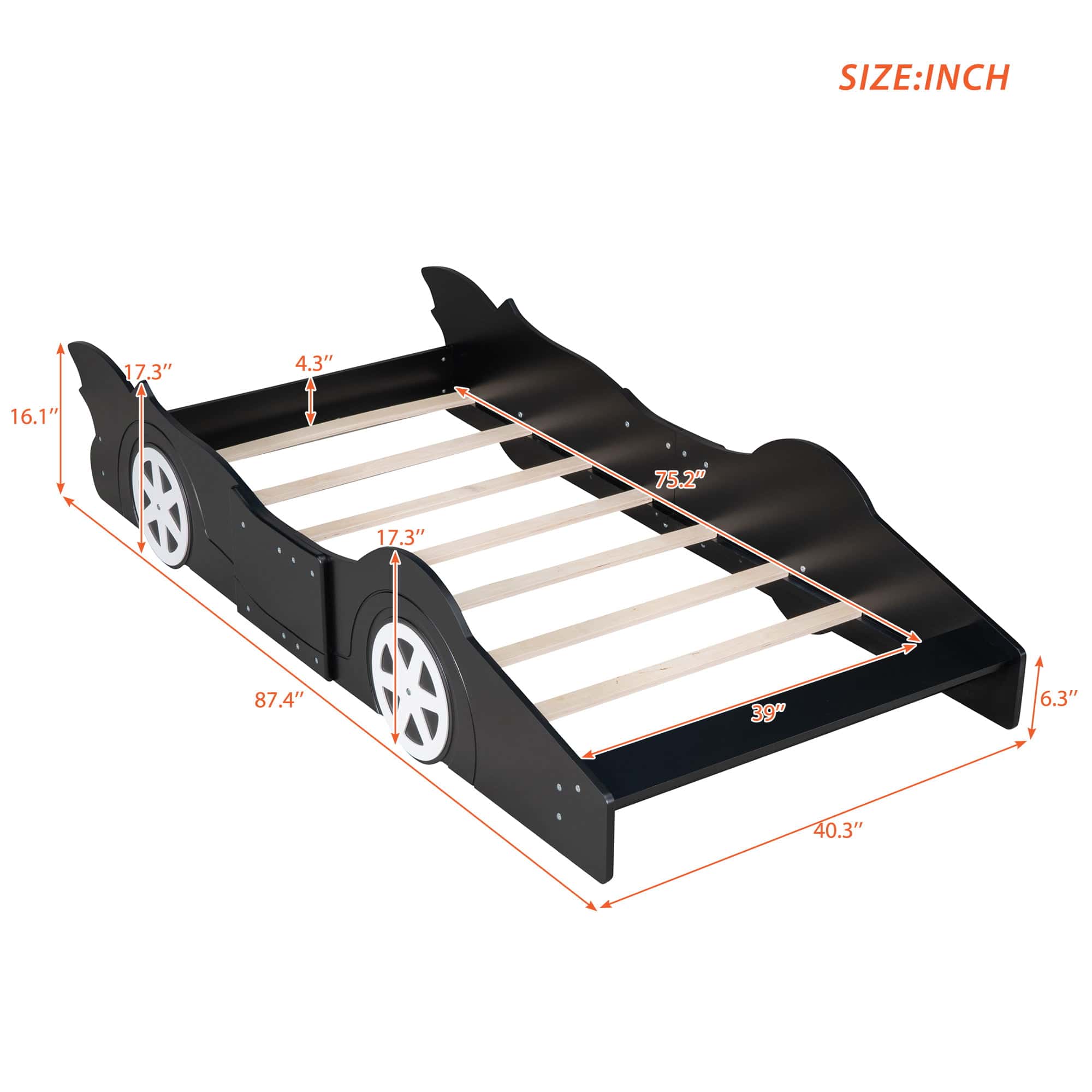 HSUNNS Twin Size Kids Race Car-Shaped Platform Bed with Wheels, Wooden Black HSUNNS Twin Size Kids Race Car-Shaped Platform Bed with Wheels, Wooden Black - Image 8