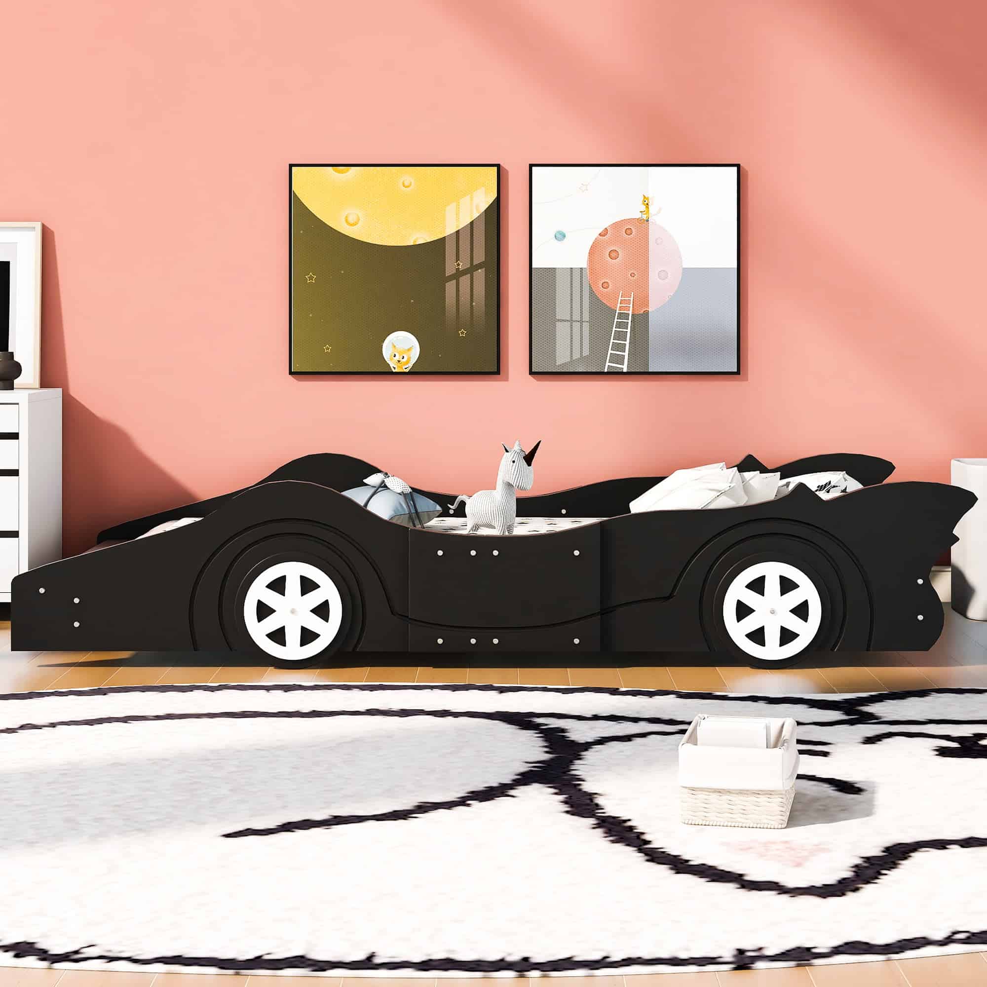 HSUNNS Twin Size Kids Race Car-Shaped Platform Bed with Wheels, Wooden Black HSUNNS Twin Size Kids Race Car-Shaped Platform Bed with Wheels, Wooden Black