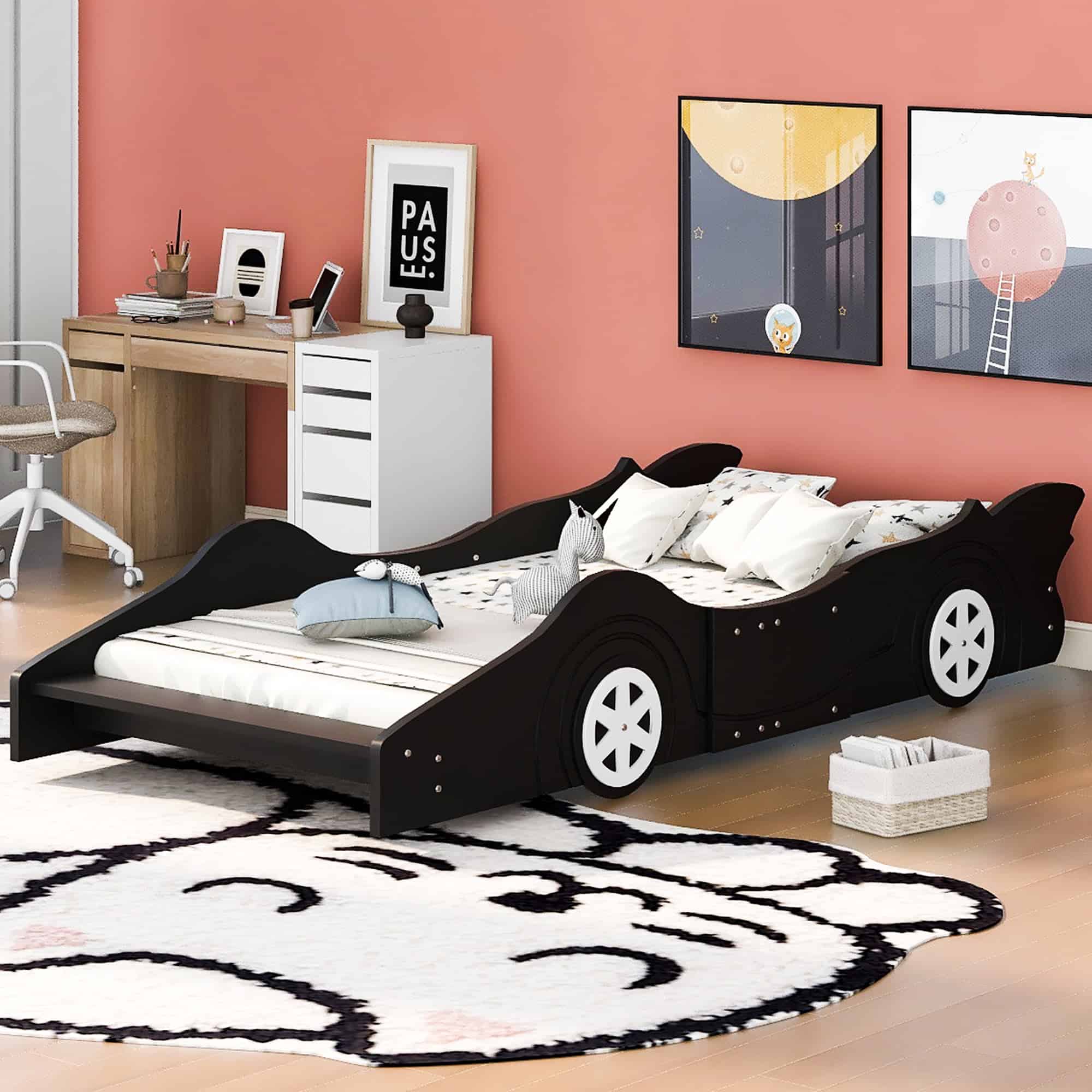 HSUNNS Twin Size Kids Race Car-Shaped Platform Bed with Wheels, Wooden Black HSUNNS Twin Size Kids Race Car-Shaped Platform Bed with Wheels, Wooden Black - Image 2