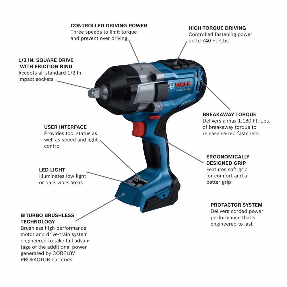 Bosch 18-volt Variable Speed Brushless 1/2-in square Drive Cordless Impact Wrench (Tool Only) Bosch 18-volt Variable Speed Brushless 1/2-in square Drive Cordless Impact Wrench (Tool Only) - Image 2