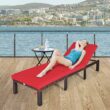 Clihome Outdoor Chairs Rattan Brown Metal Frame Stationary Chaise Lounge Chair(s) with Red Cushioned Seat