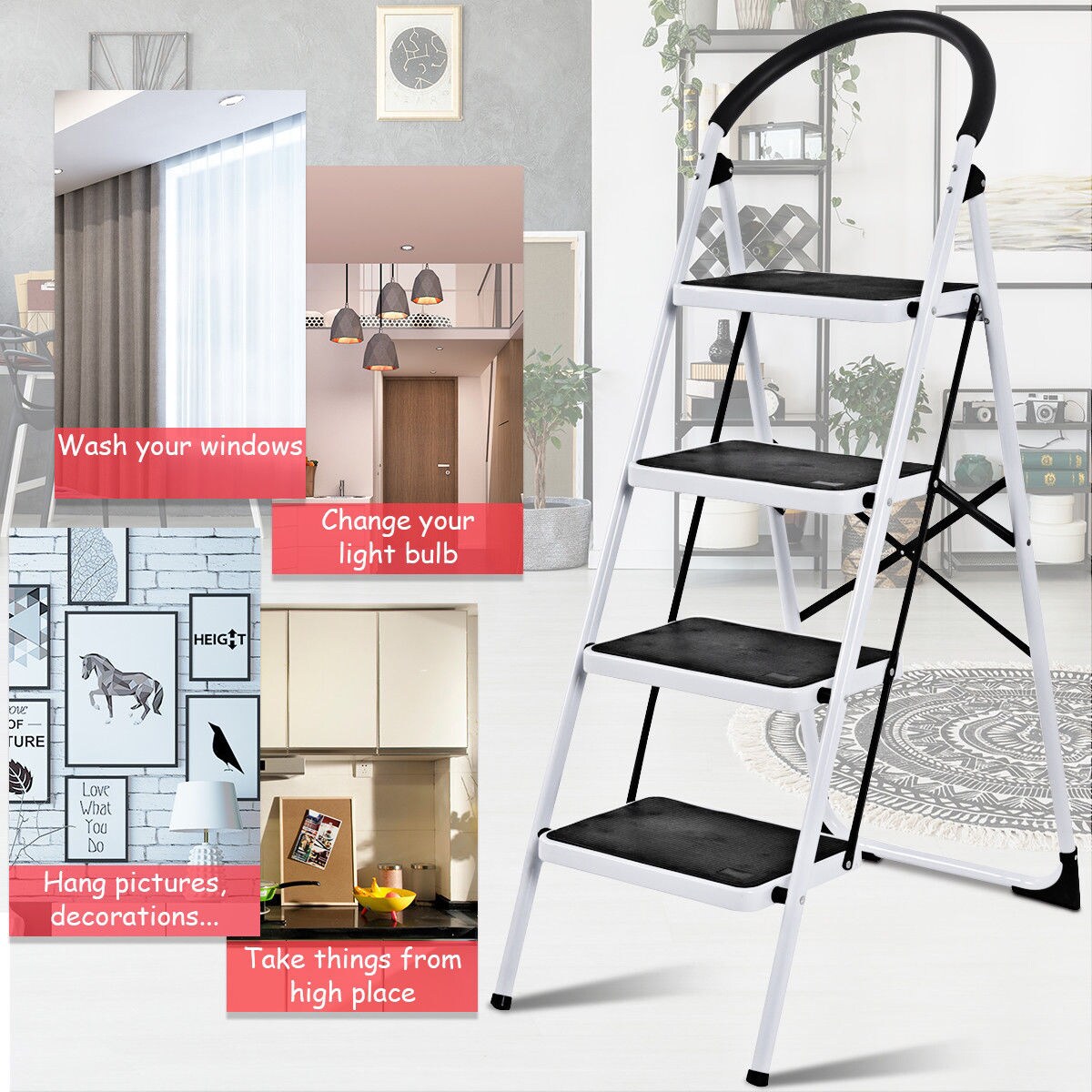 WELLFOR 4-Step 330-lb Capacity Black Steel Foldable Step Stool WELLFOR 4-Step 330-lb Capacity Black Steel Foldable Step Stool - Image 6