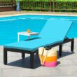 WELLFOR Outdoor Chaise Lounge Rattan Frame Stationary Chaise Lounge Chair(s) with Blue Cushioned Seat