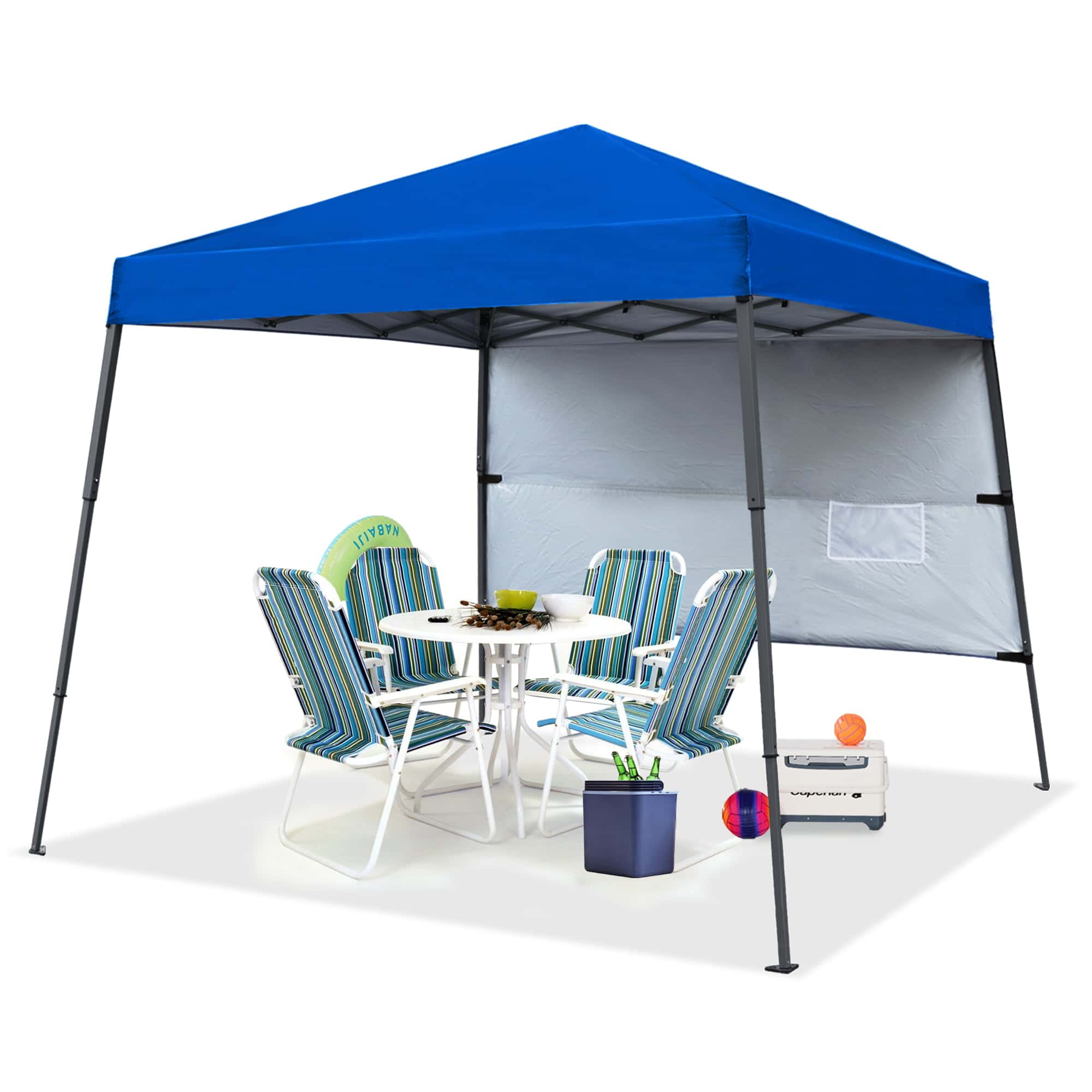 ABCCANOPY 10 ft x 10 ft Outdoor Pop up Slant Leg Canopy Tent with 1 Sun Wall and 1 Backpack Bag - Blue ABCCANOPY 10 ft x 10 ft Outdoor Pop up Slant Leg Canopy Tent with 1 Sun Wall and 1 Backpack Bag - Blue