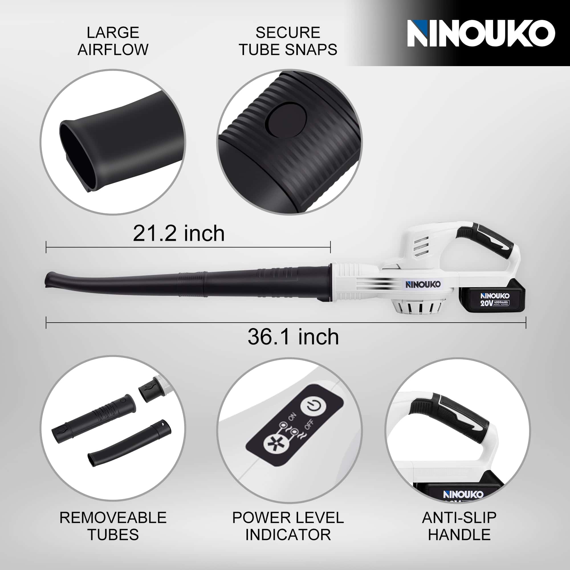 Ninouko 20V Cordless Leaf Blower 150MPH with 4.0Ah Battery and Charger for Lawn Care, Garage, Snow Ninouko 20V Cordless Leaf Blower 150MPH with 4.0Ah Battery and Charger for Lawn Care, Garage, Snow - Image 4