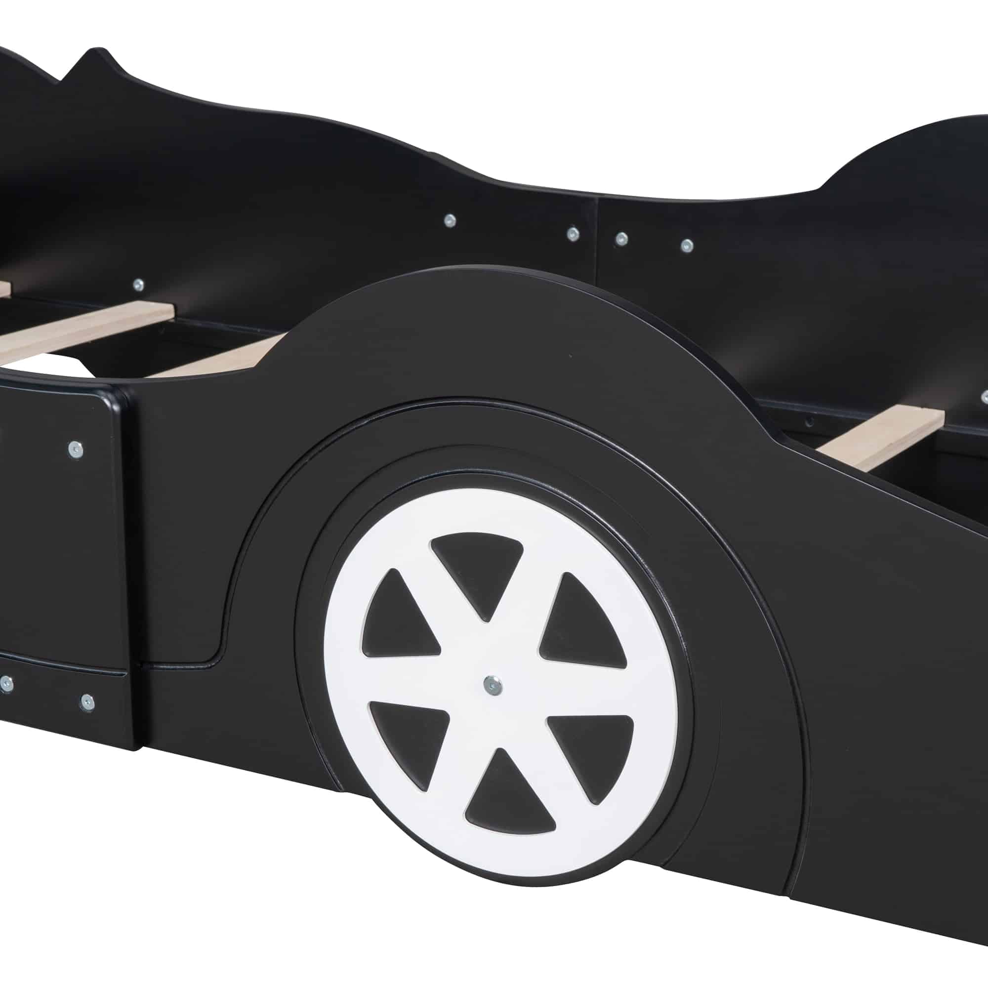 HSUNNS Twin Size Kids Race Car-Shaped Platform Bed with Wheels, Wooden Black HSUNNS Twin Size Kids Race Car-Shaped Platform Bed with Wheels, Wooden Black - Image 6