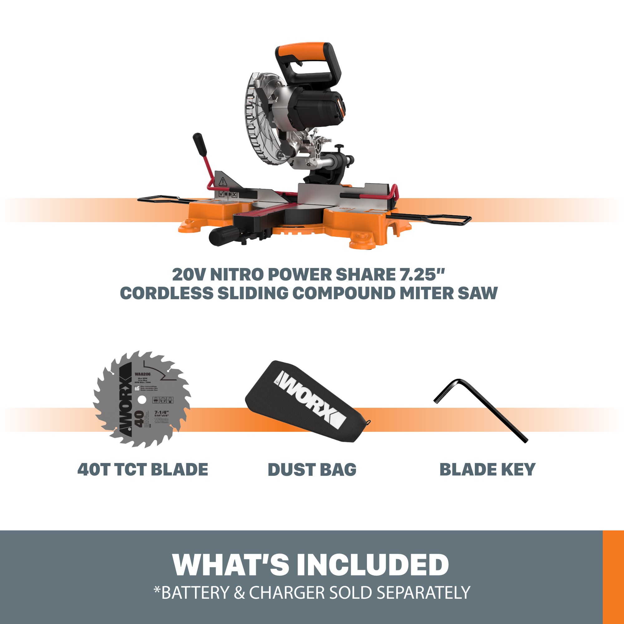 WORX POWER SHARE 7-1/4-in 0.1-Amp Single Bevel Sliding Compound Cordless Miter Saw (Cordless) WORX POWER SHARE 7-1/4-in 0.1-Amp Single Bevel Sliding Compound Cordless Miter Saw (Cordless) - Image 9