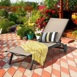 Clihome Patio Lounge Chair Aluminum Metal Frame Stationary Chaise Lounge Chair(s) with Brown Premium Fabric Sling Seat