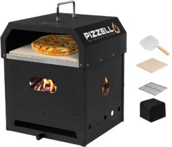 PIZZELLO Pizza Oven Outdoor Wood Fired 2-Layer Detachable Outside Ovens With Pizza Stone, Pizza Peel, Cover , Cooking Grill Grate - Black
