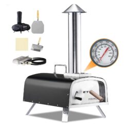 PIZZELLO Outdoor Pizza Oven 12" Propane & Wood Fired Dual Fuel with Gas Burner, Wood Tray, Pizza Stone, Pizza Peel, Carry Bag, Thermometer - Black