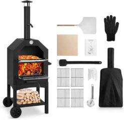 Outdoor Pizza Oven, Wood Fired Pizza Oven for Outside, Patio Pizza Maker with Pizza Stone, Pizza Peel, Grill Rack, and Waterproof Cover for Backyard Camping