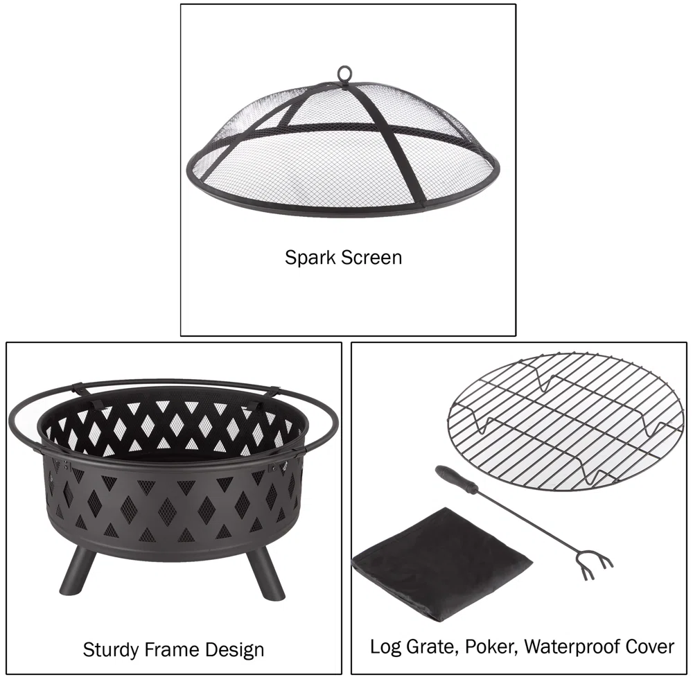 George Oliver Jameira 32-Inch Round Outdoor Wood Burning Firepit with Screen, Poker, and Cover George Oliver Jameira 32-Inch Round Outdoor Wood Burning Firepit with Screen, Poker, and Cover - Image 16
