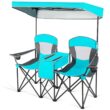 Gymax Folding 2-person Camping Chairs Double Sunshade Chairs w/ Canopy Turquoise, Adult