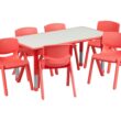 BizChair 23.625''W x 47.25''L Rectangular Red Plastic Height Adjustable Activity Table Set with 6 Chairs