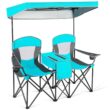 Gymax Folding 2-person Camping Chairs Double Sunshade Chairs w/ Canopy Turquoise, Adult