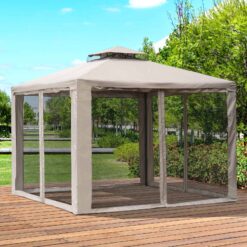 Outsunny 10’ x 10’ Steel Fabric 2.95m /9.7' Outdoor Patio Gazebo Pavilion Canopy Tent Steel 2-tier Roof - Taupe