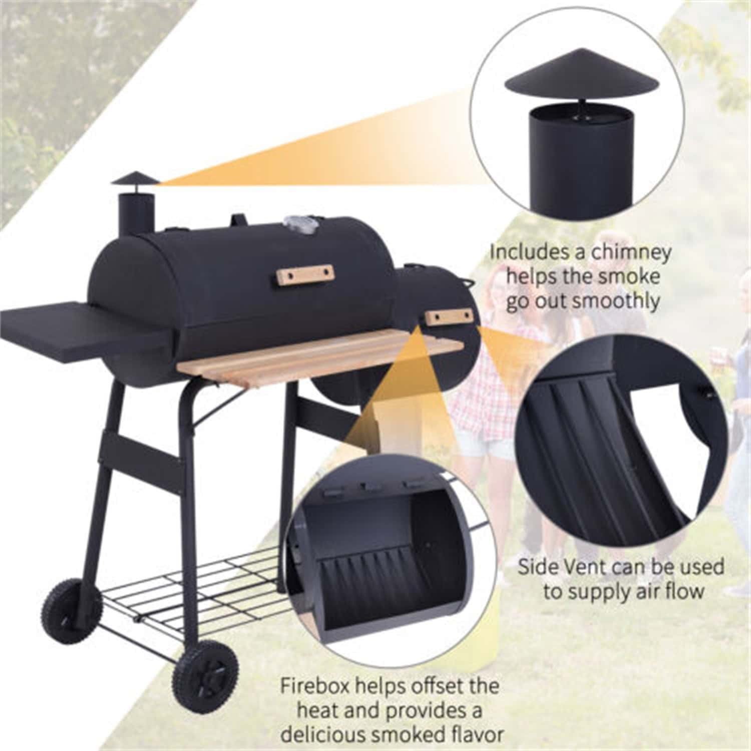 48" Steel Portable Backyard Charcoal BBQ Grill and Offset Smoker Combo Backyard 48" Steel Portable Backyard Charcoal BBQ Grill and Offset Smoker Combo Backyard - Image 3