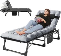 ABORON Portable Folding Camping Cot with 2 Sided Mattress & Pillow, Adjustable 4-Position Adults Reclining Folding Chaise, Folding Guest Bed