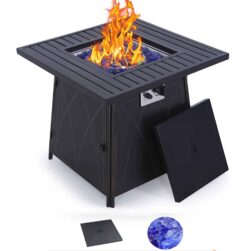 MF Studio 28'' 50000 BTU Propane Gas Fire Pit Table with Lid and Blue Fire Glass Black