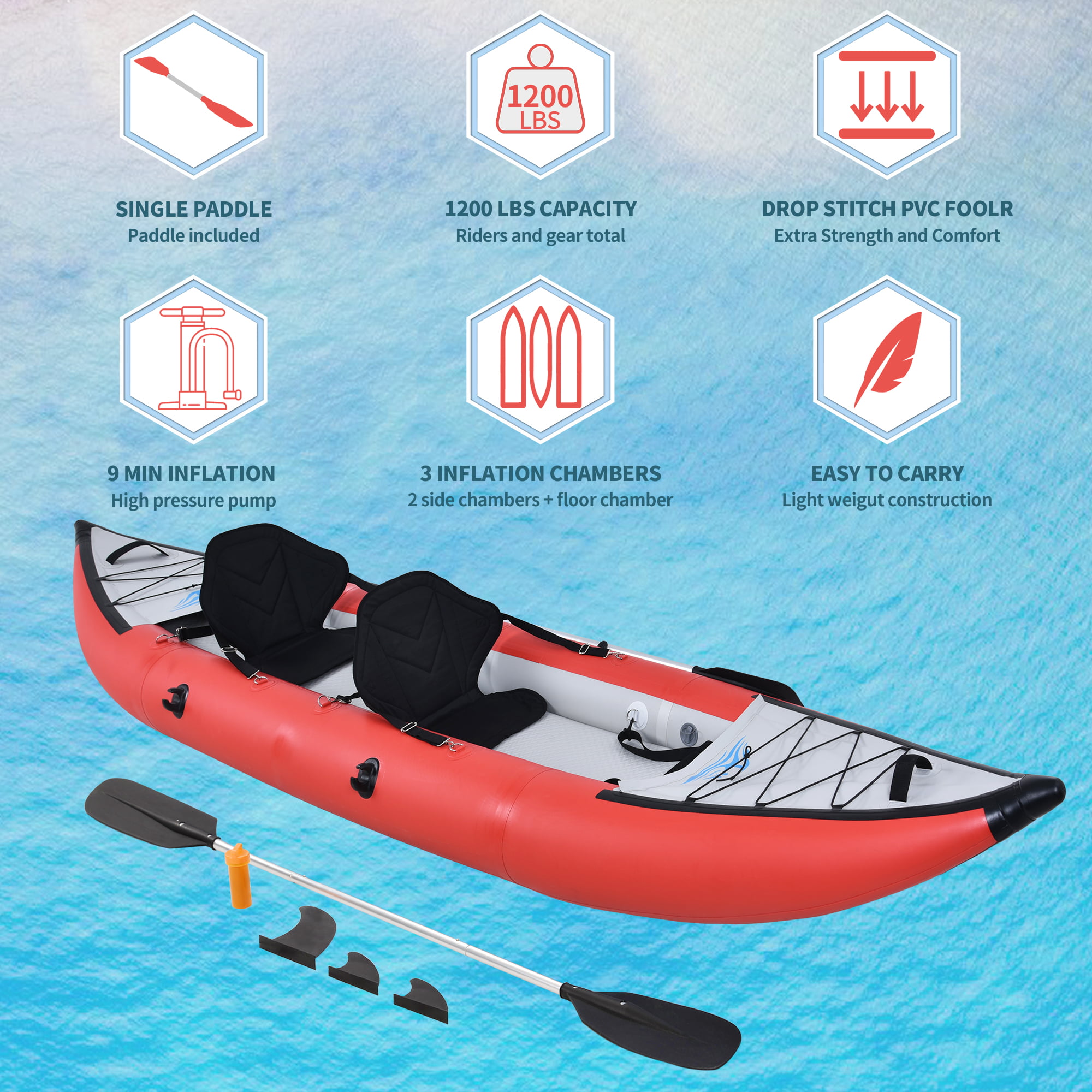 Gardenry Inflatable Kayak Set with Paddle & Air Pump, Portable Recreational Touring Kayak Foldable Fishing Touring Kayaks, Deluxe Extended Version Tandem 2 Person Kayak Gardenry Inflatable Kayak Set with Paddle & Air Pump, Portable Recreational Touring Kayak Foldable Fishing Touring Kayaks, Deluxe Extended Version Tandem 2 Person Kayak - Image 5