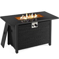 SMILE MART 43" Gas Propane Fire Pit Table with Tempered Glass Tabletop Rattan Wicker Base for Patio/Courtyard/Garden, Black