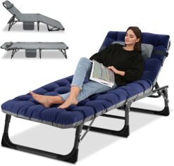 Slsy Folding Sleeping Cots Bed with 2 Sided Mattress & Pillow, Folding Camping Cot, Adjustable 4-Position Folding Lounge Chair