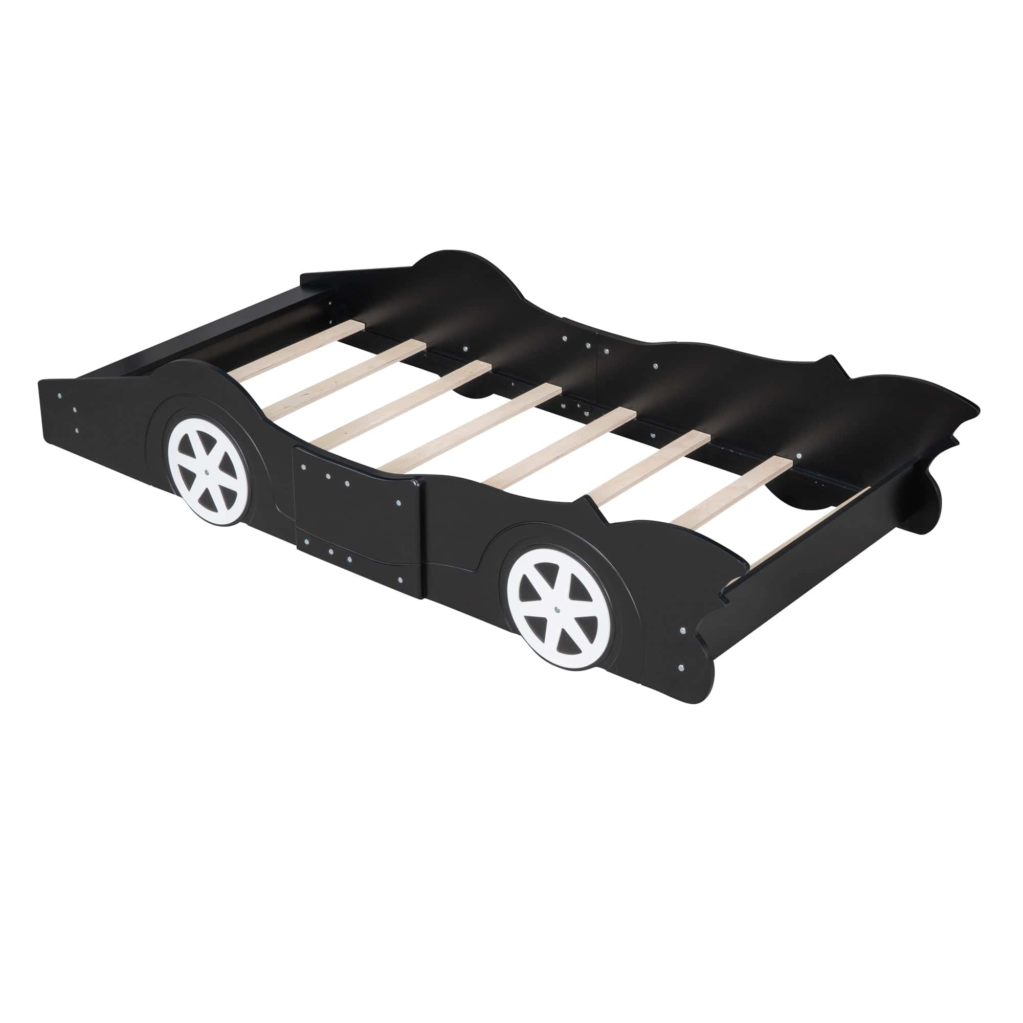 HSUNNS Twin Size Kids Race Car-Shaped Platform Bed with Wheels, Wooden Black HSUNNS Twin Size Kids Race Car-Shaped Platform Bed with Wheels, Wooden Black - Image 9