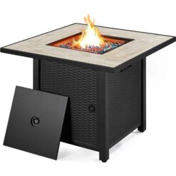 Topeakmart 30'' Outdoor Square Propane Fire Pit Table 50,000 BTU Gas Fire Pit with Ceramic Tabletop , Rattan Pattern Steel Base and Fire Glass, Black