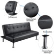 Easyfashion Convertible Black Faux Leather Futon Sofa Bed, Black
