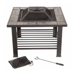 Fire Pit Table – 30-Inch Square Wood Burning Bonfire Pit with Marble Tile Edge, Spark Screen, Tile Fire Bowl Cover, Log Poker by Pure Garden (Black)