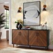Walker Edison Furniture Company Hampton 58 in. Acorn Bookmatch and Solid Black Buffet Stand Walker Edison Furniture Company Hampton 58 in. Acorn Bookmatch and Solid Black Buffet Stand