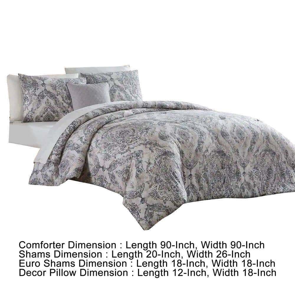Benjara Lance 8- Piece White and Gray Damask Print Microfiber Queen Bed Comforter Set Benjara Lance 8- Piece White and Gray Damask Print Microfiber Queen Bed Comforter Set - Image 5