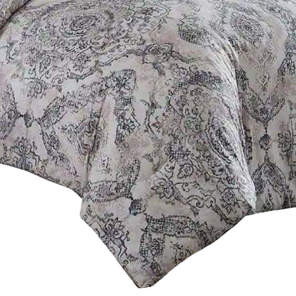 Benjara Lance 8- Piece White and Gray Damask Print Microfiber Queen Bed Comforter Set Benjara Lance 8- Piece White and Gray Damask Print Microfiber Queen Bed Comforter Set - Image 3