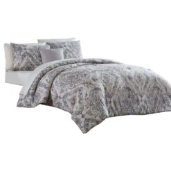 Benjara  Lance 8- Piece White and Gray Damask Print Microfiber Queen Bed Comforter Set