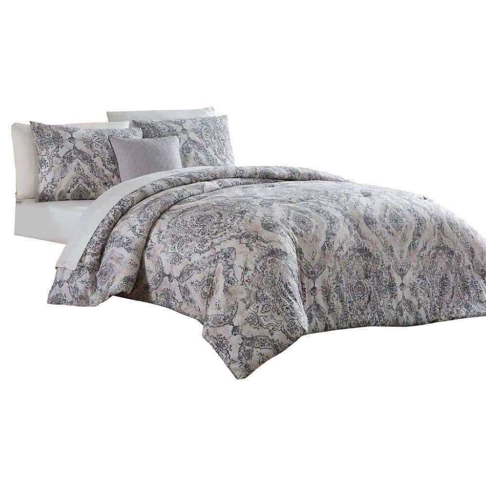 Benjara Lance 8- Piece White and Gray Damask Print Microfiber Queen Bed Comforter Set Benjara Lance 8- Piece White and Gray Damask Print Microfiber Queen Bed Comforter Set
