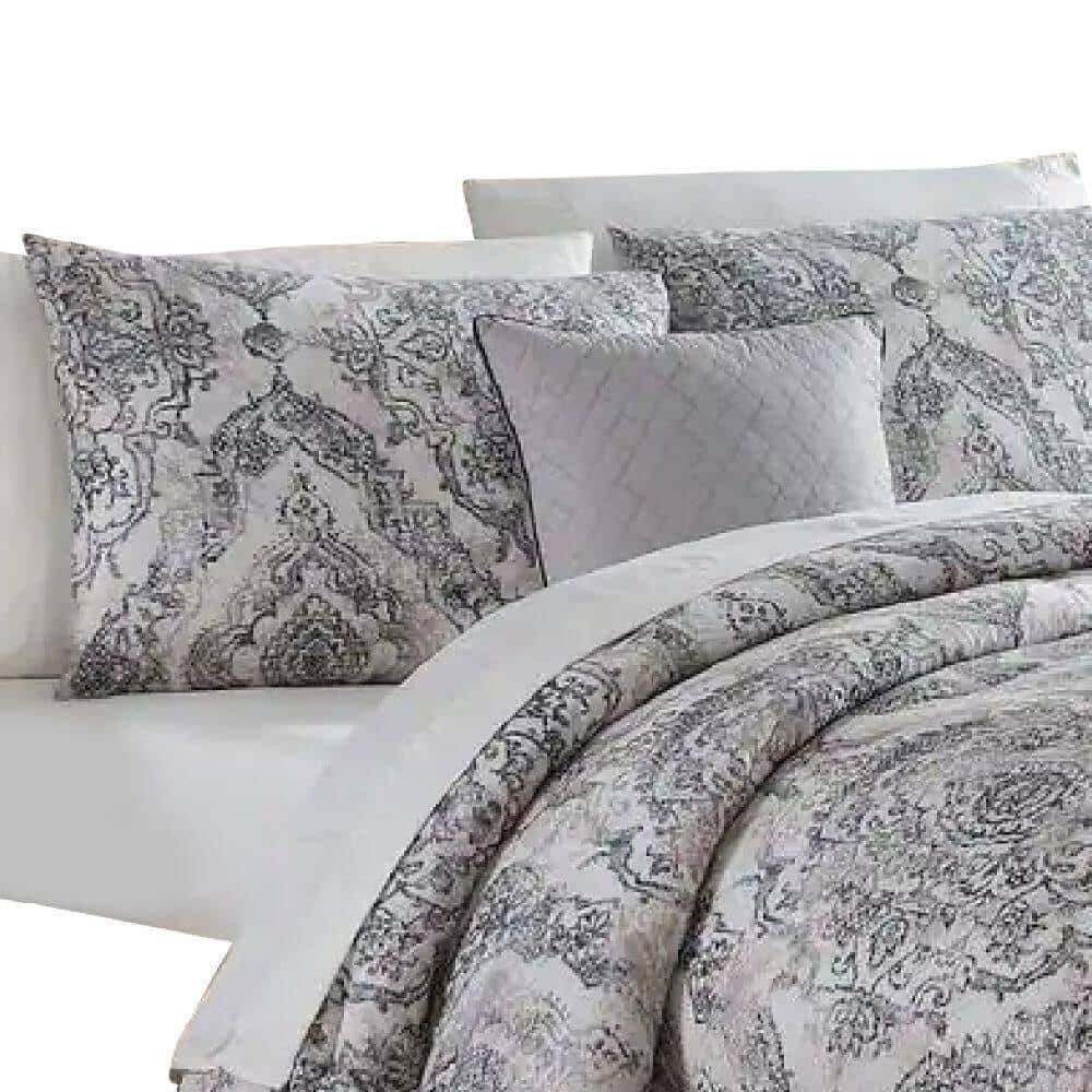Benjara Lance 8- Piece White and Gray Damask Print Microfiber Queen Bed Comforter Set Benjara Lance 8- Piece White and Gray Damask Print Microfiber Queen Bed Comforter Set - Image 2