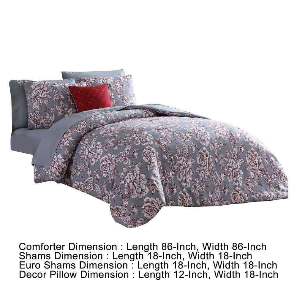 Benjara Tyler 8- Piece Gray Floral Print Microfiber Queen Bed Comforter Set Benjara Tyler 8- Piece Gray Floral Print Microfiber Queen Bed Comforter Set - Image 5