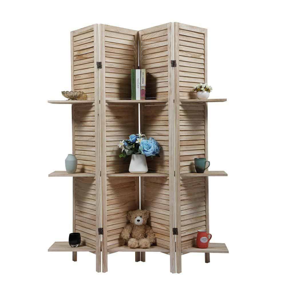 Tunearary Outdoor Sycamore Wood Foldable Screen with Shelves, 4 Panels Tunearary Outdoor Sycamore Wood Foldable Screen with Shelves, 4 Panels - Image 2