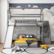 Harper&Bright Designs Gray Twin Over Twin Wood House Bunk Bed with 2-Drawers, Stairs and Slide