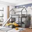 Harper&Bright Designs Gray Twin Over Twin Wood House Bunk Bed with 2-Drawers, Stairs and Slide