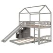 Harper&Bright Designs Gray Twin Over Twin Wood House Bunk Bed with 2-Drawers, Stairs and Slide