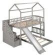 Harper&Bright Designs Gray Twin Over Twin Wood House Bunk Bed with 2-Drawers, Stairs and Slide